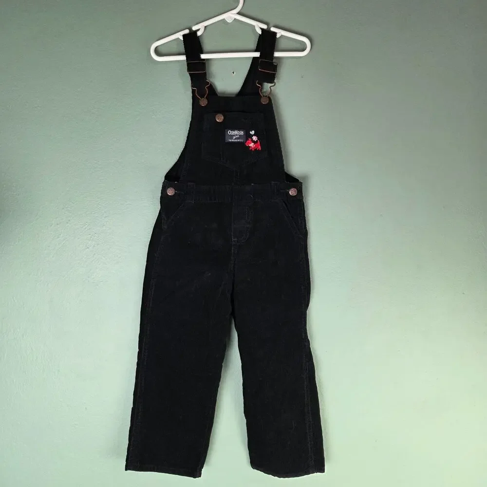 Oshkosh B'Gosh Girls Corduroy Overalls 4 Toddler Black Embroidered Scottie Dog